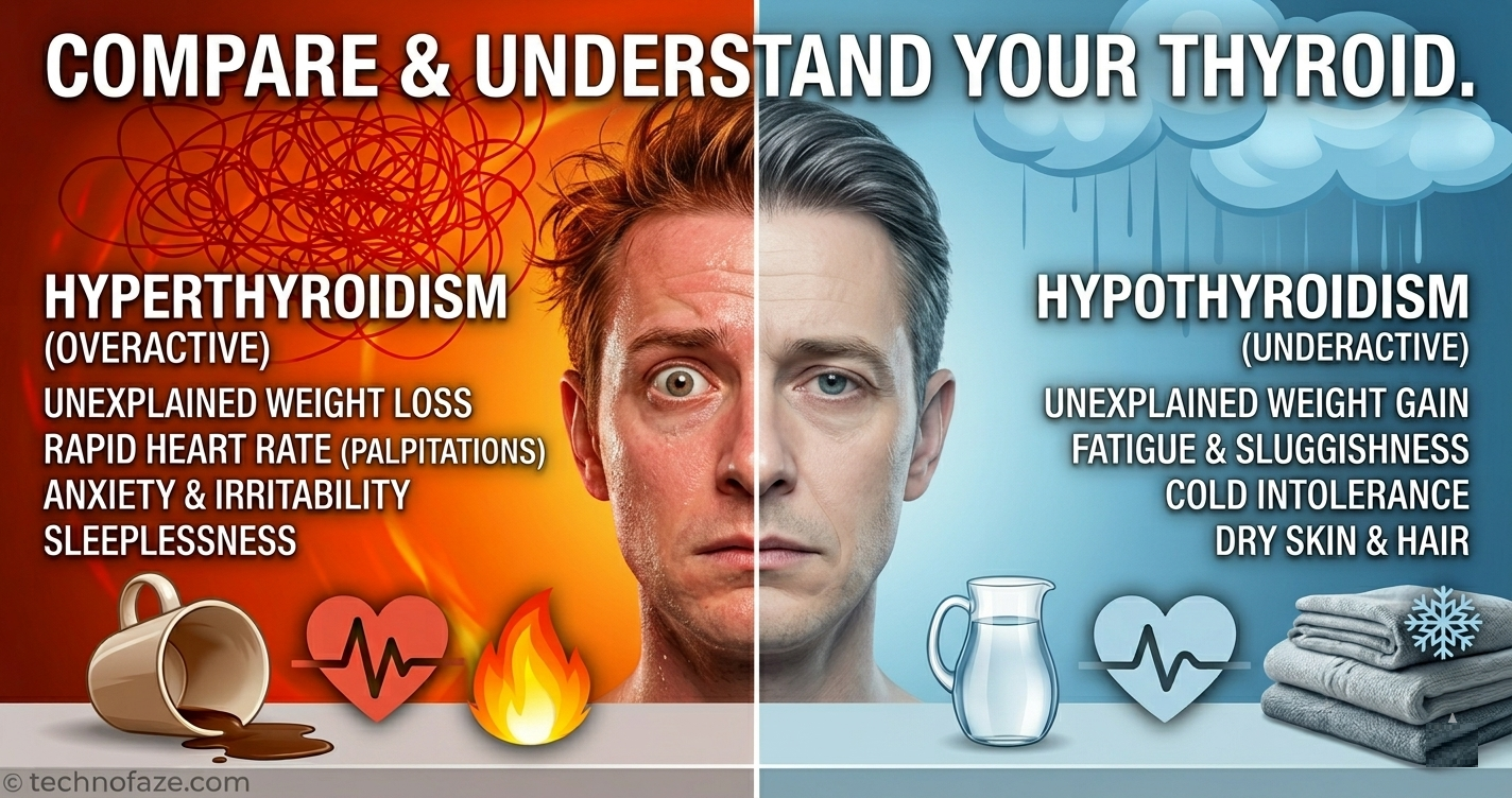 A split-screen infographic featuring a male face. The left side (Hyperthyroidism) has a warm red glow with icons for a racing heart and fire, listing symptoms like rapid heart rate, weight loss, and anxiety. The right side (Hypothyroidism) has a cool blue tone with icons for a snowflake and rain clouds, listing symptoms like fatigue, weight gain, and cold intolerance. A button at the bottom reads "Take Control Today."